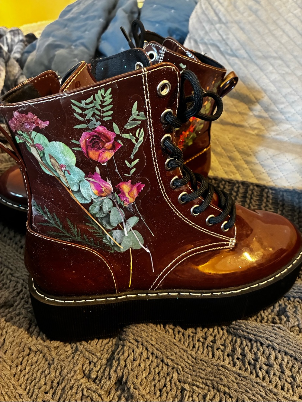 DIY Whimsical Cottage Core Glitter Floral Brown Wedge Combat Boots Unique - Picture 4 of 15